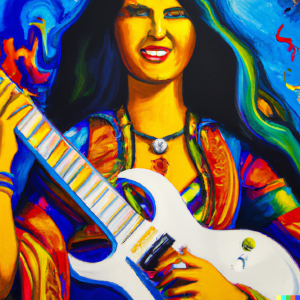 Generated by DALL-E AI Image Generator AI Generated image of a goddess playing electric guitar
