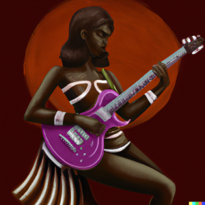 Generated by DALL-E AI Image Generator AI Generated image of a goddess playing electric guitar