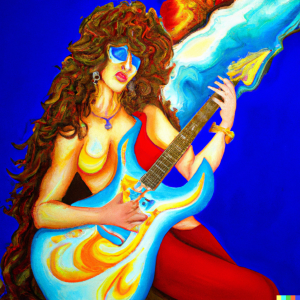 Goddess Obscura 2/27/2023 AI Generated image of a goddess playing electric guitar