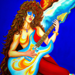 AI Generated image of a goddess playing electric guitar