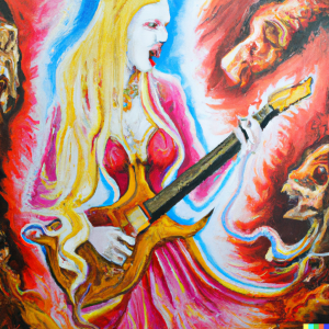 Generated by DALL-E AI Image Generator AI Generated image of a goddess playing electric guitar