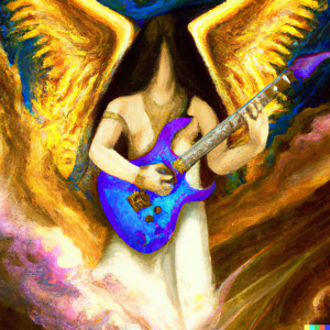 Generated by DALL-E AI Image Generator AI Generated image of a goddess playing electric guitar