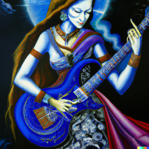 AI Generated image of a goddess playing electric guitar