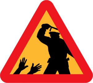 traffic-sign-style warning of police brutality ahead