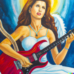 AI Generated image of a goddess playing electric guitar