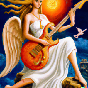 AI Generated image of a goddess playing electric guitar