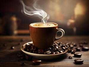 Image of a steaming cup of espresso, with coffee beans scattered around it.