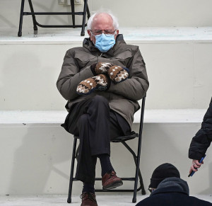 Bernie Sanders at inauguration with mittens