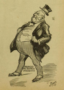 caricature of organized big business interests, a fat wealthy man in a top hat, tails, and spats, looking angry