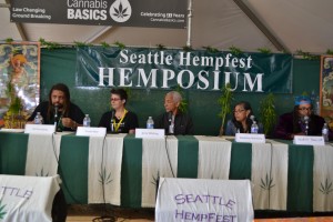 Ed Forchion, Trista Okel, Jerry Whiting, Madeline Martinez, and Ngaio Bealum speaking on a panel at Seattle Hempfest, August 2016