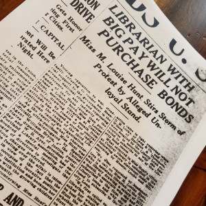 Front page headline announcing librarian's refusal to buy a Liberty bond Portland Telegram headline
