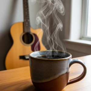 Image of a steaming mug of coffee, with an acoustic guitar in the background