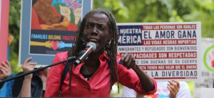 Joann Hardesty Joann Hardesty speaking into a microphone at a rally