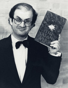 Salman Rushdie and a copy of the offending text, London, 1989. From PA Photos/Landov. Salman Rushdie and a copy of the offending text, London, 1989. From PA Photos/Landov.