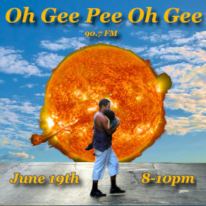 Collage whose foreground is a father carrying his child. He is in profile facing right and wearing white pants and a blue shirt. His foot is raised misstep and his head is level against a close-up image of the Sun filling a lightly clouded blue sky 
