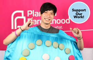 Person wearing giant contraceptive pill container: invitation to donate to PP