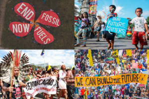 via riseforclimate.org four images of cheery protests- end fosssil fuels - we can build the future