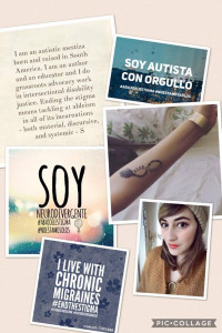 Collage includes portrait of Sara Acevedo in a soft brown sweater and knit hat, Neurowitch forearm tattoo, statements of identity and ending stigma, and images in English and Spanish of Autistic Pride, Neurodivergence, and chronic migraine.
