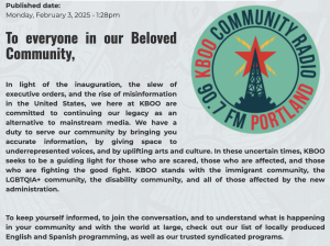 KBOO 2025 Inauguration Statement kboo's inauguration statement, rededicating the station to humanitarian programming and free speech
