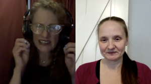 two women on separate video screens