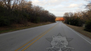 A small two-lane country highway stretches off into the distance, where it turns a corner & moves out of the picture. On the highway in front, a faded Self Help Radio logo is imprinted on the road.