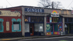 The Self Help Radio bear logo on a business in Portland called "Ginger"