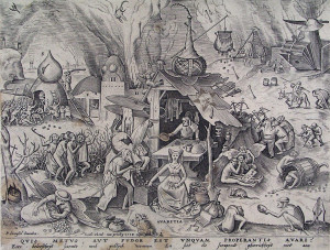 Pieter Bruegel's print of Greed with the Self Help Radio logo put on it