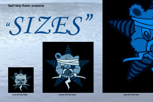 Three pictures of the Self Help Radio logo in three different sizes: small, medium, & large