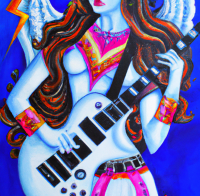 AI Generated image of a goddess playing electric guitar