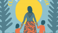 via oregon just transition alliance colorful drawing of woman walking between trees holding the hands of two children
