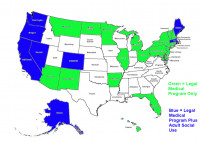 States with Legal Medical Marijuana (green) and/or Legal Adult Social Use Marijuana (blue)